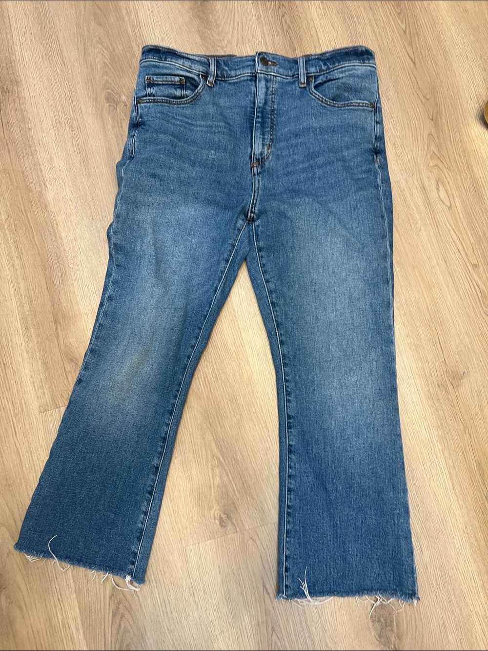 LOFT Blue Cropped Bootcut Jeans with Raw Hem